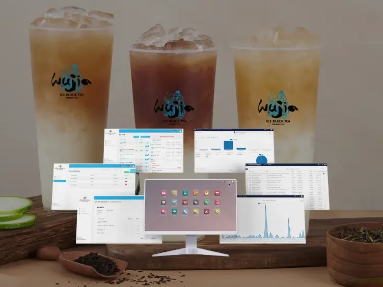 Màn hình hệ thống ERP của Hồng Trà Ngô Gia đặt trước ba ly trà