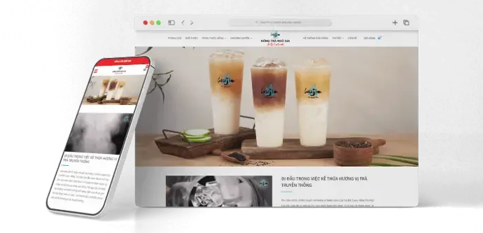 Website Hồng Trà Ngô Gia hiển thị trên máy tính và điện thoại, cạnh ba ly trà