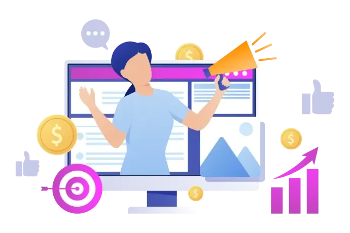 Người làm marketing cầm loa thông báo trước màn hình, cạnh biểu đồ tăng trưởng