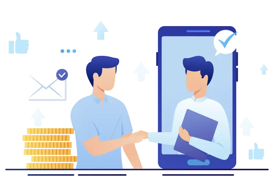Hai người bắt tay trước màn hình điện thoại, cạnh chồng tiền xu và biểu tượng tăng trưởng