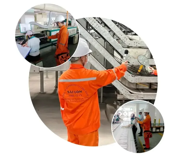 Kỹ thuật viên mặc đồ bảo hộ làm việc tại nhà máy xử lý, bên cạnh hai khung ảnh hiện trường