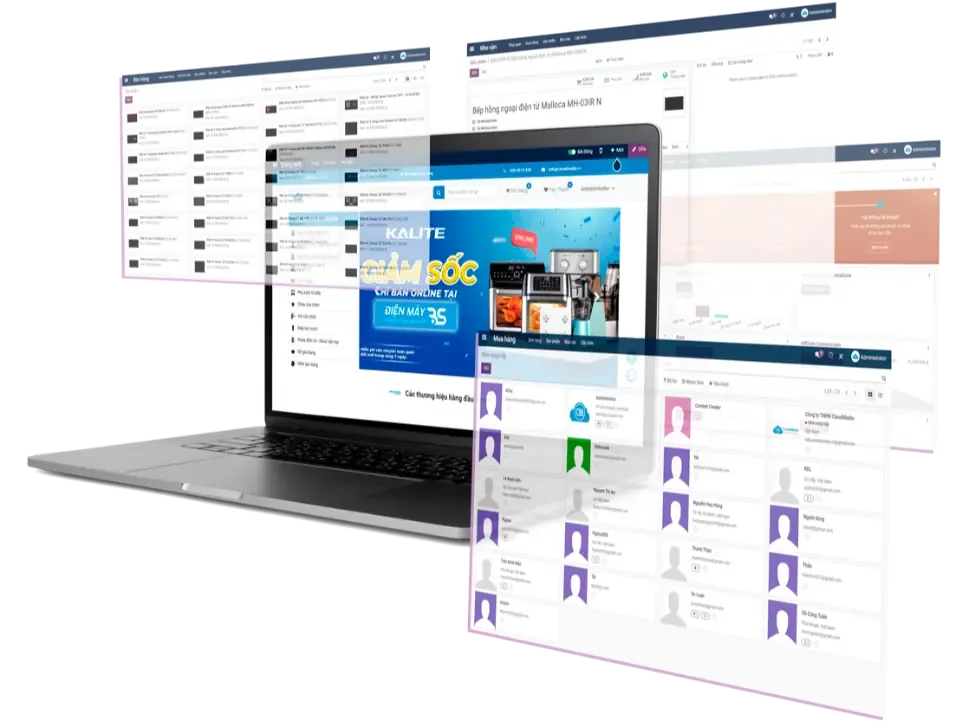 Hệ thống Affiliate Marketing hiển thị trên màn hình máy tính: danh sách đơn hàng, cộng tác viên và hoa hồng