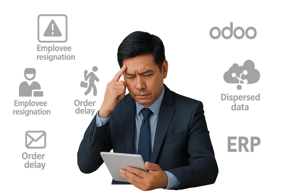Nhà quản lý chuỗi lo lắng nhìn máy tính bảng, xung quanh là các vấn đề: dữ liệu phân tán, đơn hàng chậm, nhân sự nghỉ việc