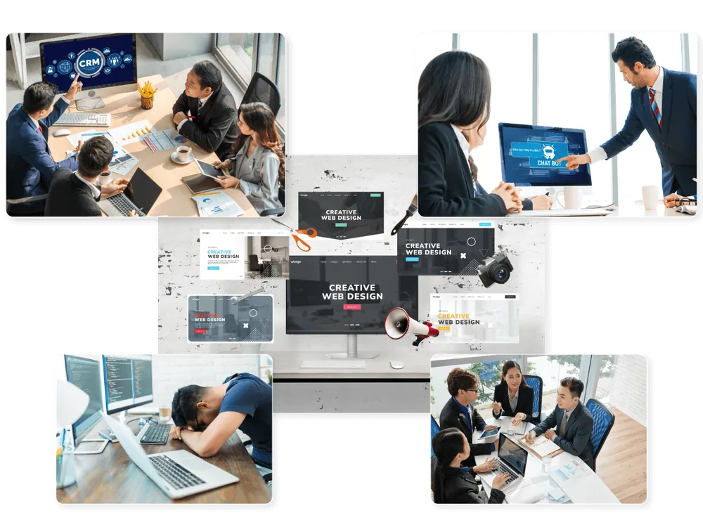 Bốn tình huống quanh một website: họp nhóm với màn hình CRM, trao đổi với chatbot, nhân viên mệt mỏi trước máy tính và nhóm bàn bạc dự án