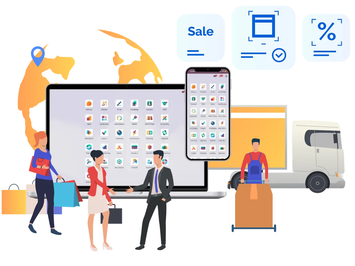 Hệ thống ERP hiển thị trên máy tính, laptop và điện thoại, cùng những người làm thương mại, kho vận và dịch vụ