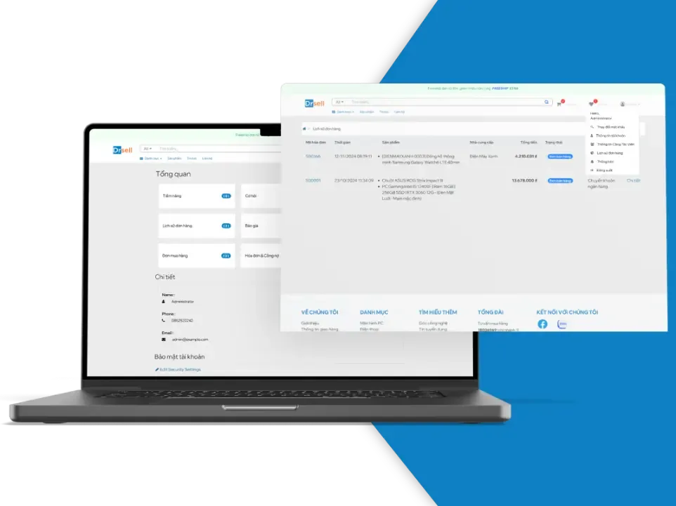 Cổng thông tin khách hàng trên laptop với lịch sử đơn hàng và thông báo khuyến mại