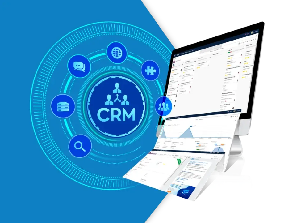 Biểu tượng CRM cùng màn hình quản lý đơn bán hàng