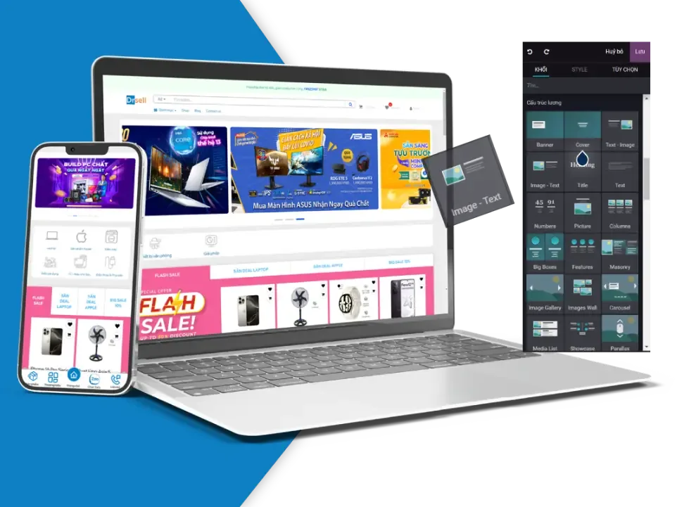 Website thương mại điện tử hiển thị trên laptop và điện thoại cùng bộ công cụ chỉnh sửa
