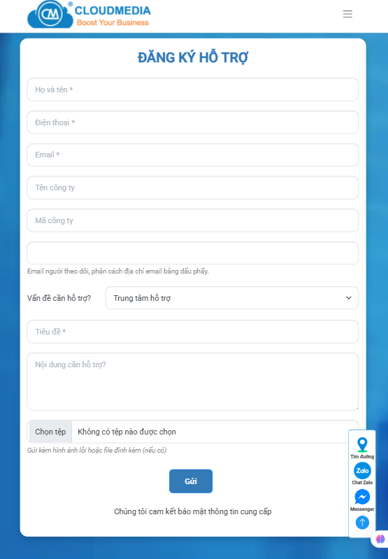Biểu mẫu mở ticket hỗ trợ kỹ thuật CloudMedia