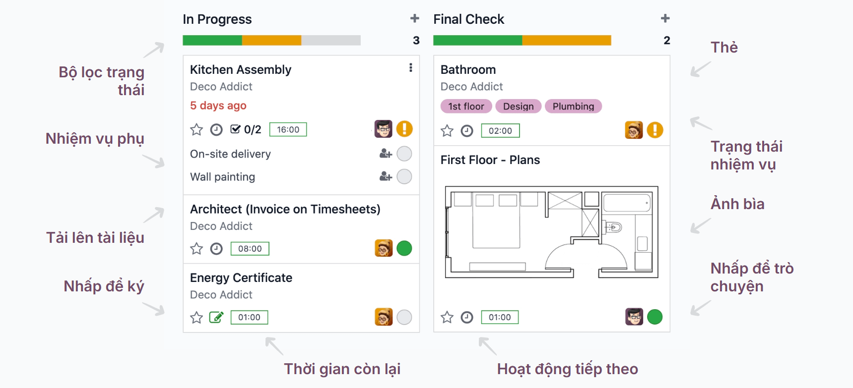 Giao diện bảng Kanban quản lý dự án trên Odoo