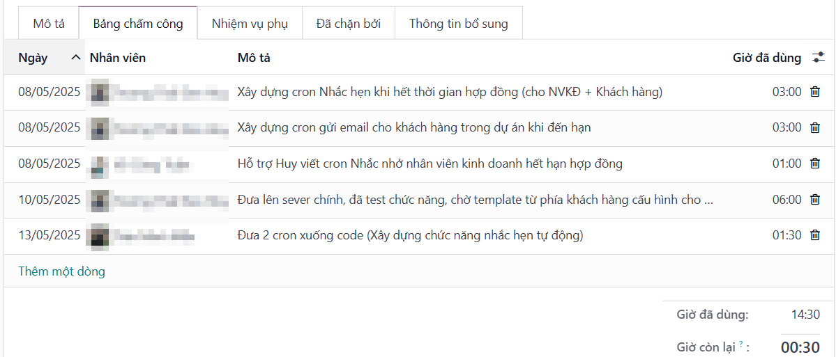 Ghi nhận timesheet tự động trên Odoo Task